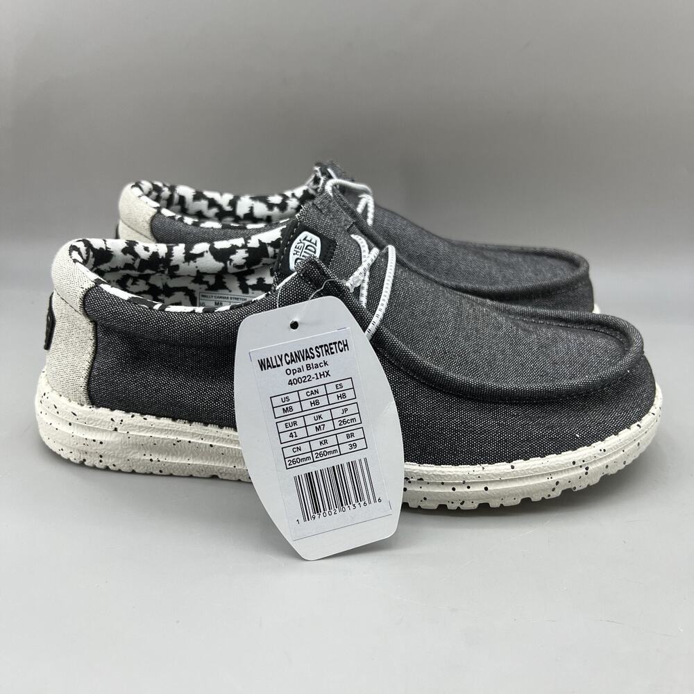 Hey Dude Wally Canvas Stretch Opal Black Sneakers Men‎ Size 8 Gray Slip On Shoes